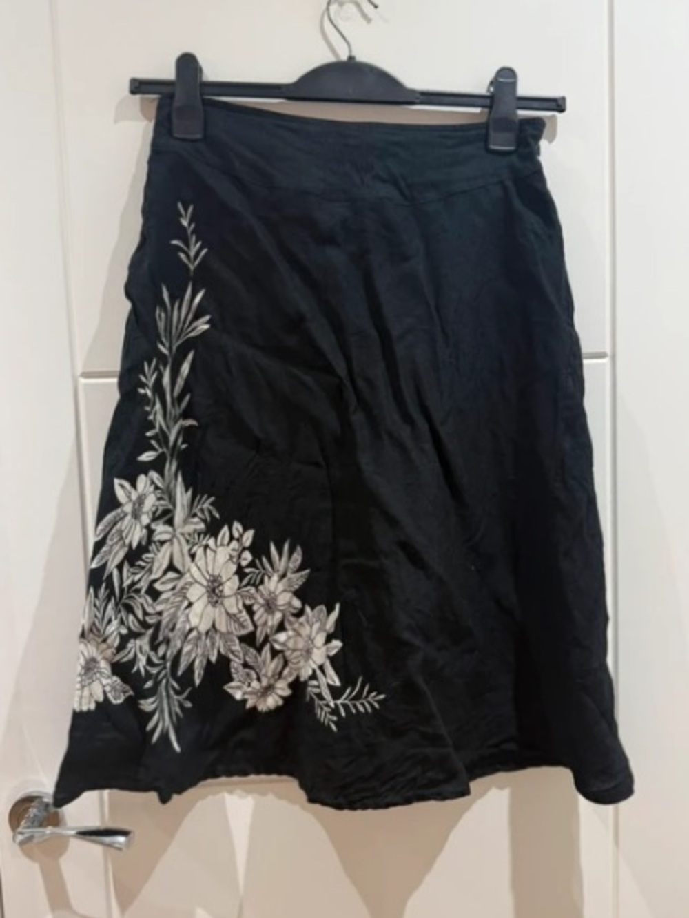 Black A-Line Skirt with White Floral Appliqué